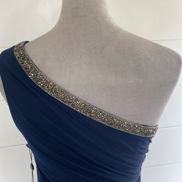 Adrianna Papell One-Shoulder Jersey Gown Navy Blue Sz 2 - Picture 8 of 13